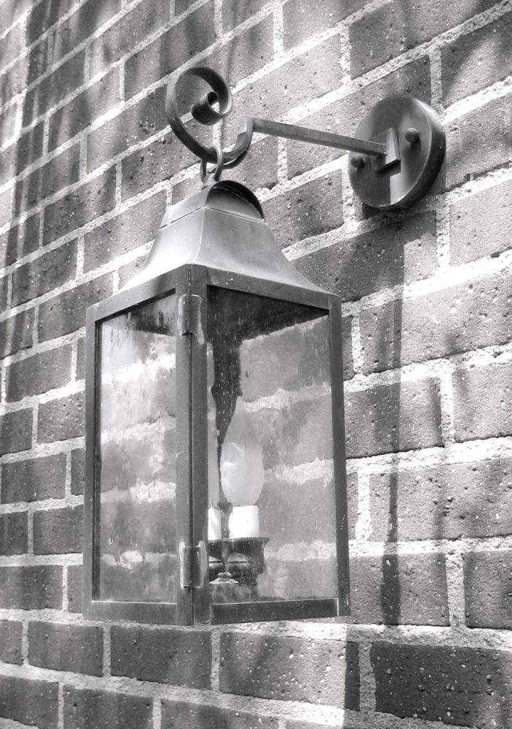 525 Cb2 Br W Sh Brass Lantern On Arm Clear Glass ADG Lighting Wallace Neff Styled