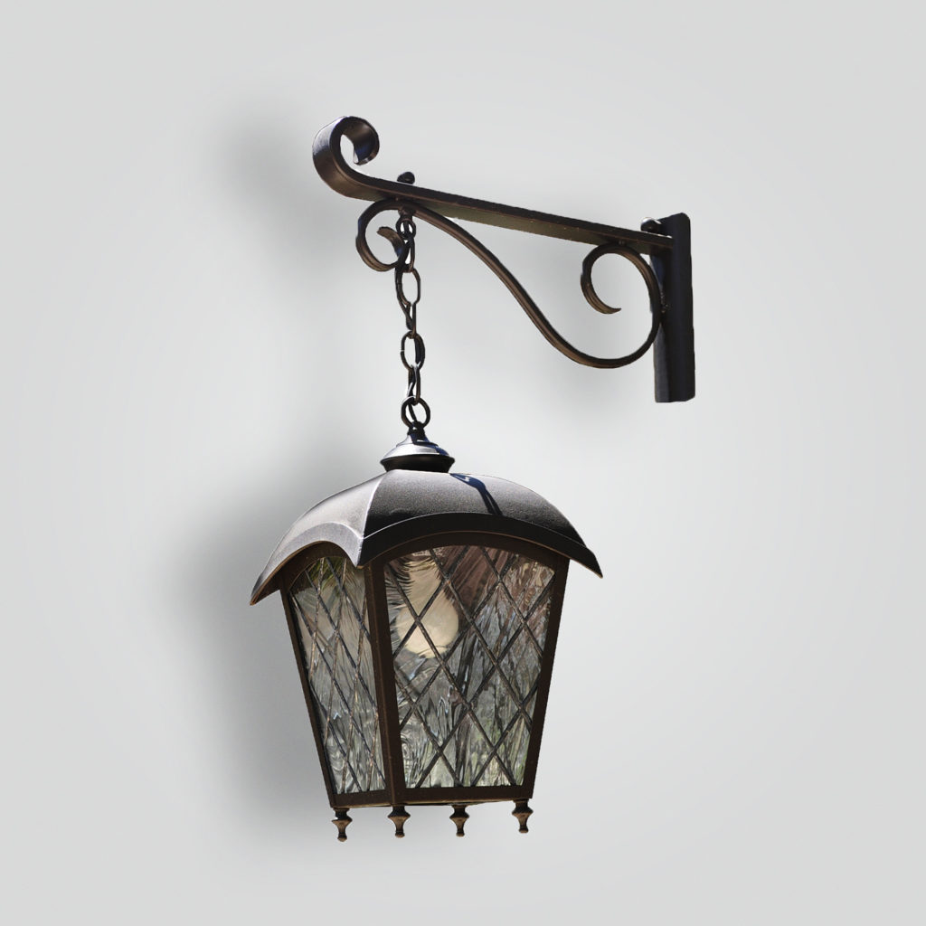 185-mb1-jc-p-sh On Arm Leaded Glass Lantern On Decorative Forged Arm Powdercoat Finish – ADG Lighting Collection