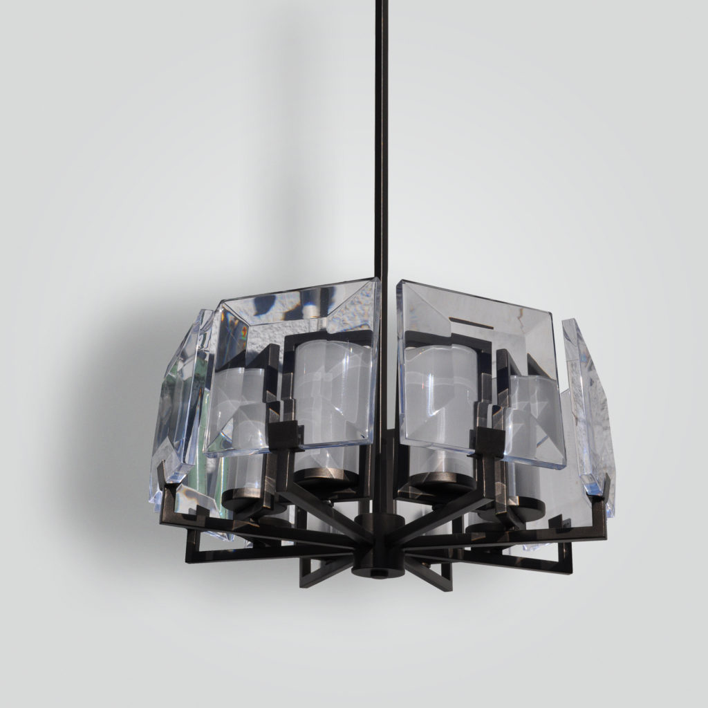 7600-cb8-stac-h-ba Flame Edged Acrylic Diamond-cut Acrylic Panels and Frosted Glass Chandelier – ADG Lighting Collection