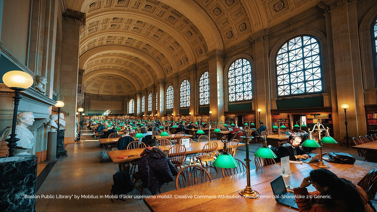 "Boston Public LIbrary" by Mobilus in Mobili (username mobili), Creative Commons Attribution-NonCommercial-ShareAlike 2.0 Generic.